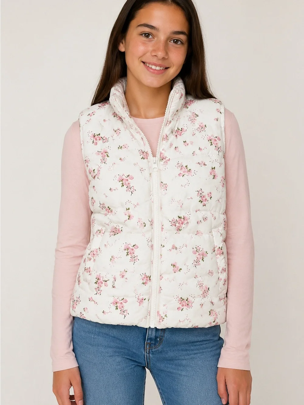 Lover Fire Girls' Floral Quilted Vest - White/Pink size Large